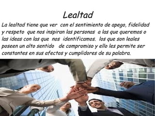 Lealtad
La lealtad tiene que ver  con el sentimiento de apego, fidelidad
y respeto  que nos inspiran las personas  a las que queremos o
las ideas con las que  nos  identificamos.  los que son leales
poseen un alto sentido   de compromiso y ello les permite ser
constantes en sus afectos y cumplidores de su palabra.
 