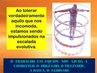 Ao tolerar
verdadeiramente
aquilo que nos
incomoda,
estamos sendo
impulsionados na
escalada
evolutiva.
O TRABALHO EM EQUIPE NOS AJUDA A
COMBATER O ORGULHO, OMELINDRE,
A RAIVA, O EGOÍSMO!
 