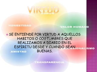 VIRTUDSE ENTIENDE POR VIRTUD A AQUELLOS HABITOS O COSTUMBRES QUE REALIZAMOS A DIARIO EN EL ESPIRITU DESDE Y CUANDO SEAN BUENAS.