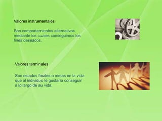 Valores instrumentales

Son comportamientos alternativos
mediante los cuales conseguimos los
fines deseados.




Valores terminales

Son estados finales o metas en la vida
que al individuo le gustaría conseguir
a lo largo de su vida.
 
