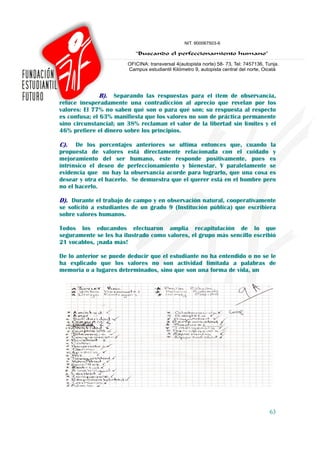 B). Separando las respuestas para el ítem de observancia,
reluce inesperadamente una contradicción al aprecio que revelan por los
valores: El 77% no saben qué son o para qué son; su respuesta al respecto
es confusa; el 63% manifiesta que los valores no son de práctica permanente
sino circunstancial; un 38% reclaman el valor de la libertad sin límites y el
46% prefiere el dinero sobre los principios.

C). De los porcentajes anteriores se ultima entonces que, cuando la
propuesta de valores está directamente relacionada con el cuidado y
mejoramiento del ser humano, este responde positivamente, pues es
intrínsico el deseo de perfeccionamiento y bienestar. Y paralelamente se
evidencia que no hay la observancia acorde para lograrlo, que una cosa es
desear y otra el hacerlo. Se demuestra que el querer está en el hombre pero
no el hacerlo.

D). Durante el trabajo de campo y en observación natural, cooperativamente
se solicitó a estudiantes de un grado 9 (Institución pública) que escribiera
sobre valores humanos.

Todos los educandos efectuaron amplia recapitulación de lo que
seguramente se les ha ilustrado como valores, el grupo más sencillo escribió
21 vocablos, ¡nada más!

De lo anterior se puede deducir que el estudiante no ha entendido o no se le
ha explicado que los valores no son actividad limitada a palabras de
memoria o a lugares determinados, sino que son una forma de vida, un




                                                                          63
 