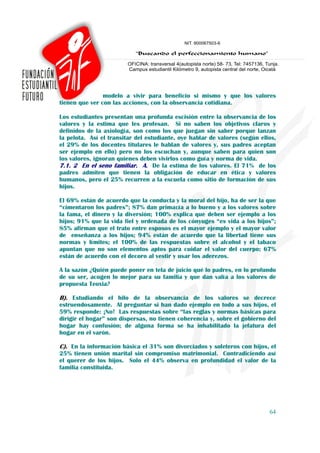 modelo a vivir para beneficio si mismo y que los valores
tienen que ver con las acciones, con la observancia cotidiana.

Los estudiantes presentan una profunda escisión entre la observancia de los
valores y la estima que les profesan. Si no saben los objetivos claros y
definidos de la axiología, son como los que juegan sin saber porque lanzan
la pelota. Así el transitar del estudiante, oye hablar de valores (según ellos,
el 29% de los docentes titulares le hablan de valores y, sus padres aceptan
ser ejemplo en ello) pero no los escuchan y, aunque saben para quien son
los valores, ignoran quienes deben vivirlos como guía y norma de vida.
7.1. 2 En el seno familiar. A. De la estima de los valores. El 71% de los
padres admiten que tienen la obligación de educar en ética y valores
humanos, pero el 25% recurren a la escuela como sitio de formación de sus
hijos.

El 69% están de acuerdo que la conducta y la moral del hijo, ha de ser la que
“cimentaron los padres”; 87% dan primacía a lo bueno y a los valores sobre
la fama, el dinero y la diversión; 100% explica que deben ser ejemplo a los
hijos; 91% que la vida fiel y ordenada de los cónyuges “es vida a los hijos”;
85% afirman que el trato entre esposos es el mayor ejemplo y el mayor valor
de enseñanza a los hijos; 94% están de acuerdo que la libertad tiene sus
normas y límites; el 100% de las respuestas sobre el alcohol y el tabaco
apuntan que no son elementos aptos para cuidar el valor del cuerpo; 67%
están de acuerdo con el decoro al vestir y usar los aderezos.

A la sazón ¿Quién puede poner en tela de juicio qué lo padres, en lo profundo
de su ser, acogen lo mejor para su familia y que dan valía a los valores de
propuesta Teoxia?

B). Estudiando el hilo de la observancia de los valores se decrece
estruendosamente. Al preguntar si han dado ejemplo en todo a sus hijos, el
59% responde: ¡No! Las respuestas sobre “las reglas y normas básicas para
dirigir el hogar” son dispersas, no tienen coherencia y, sobre el gobierno del
hogar hay confusión; de alguna forma se ha inhabilitado la jefatura del
hogar en el varón.

C). En la información básica el 31% son divorciados y soleteros con hijos, el
25% tienen unión marital sin compromiso matrimonial. Contradiciendo así
el querer de los hijos. Solo el 44% observa en profundidad el valor de la
familia constituida.




                                                                            64
 