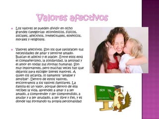    Los valores se pueden dividir en ocho
    grandes categorías: económicos, físicos,
    sociales, afectivos, intelectuales, estéticos,
    morales y religiosos.


   Valores afectivos. Son los que satisfacen tus
    necesidades de amar y sentirte amado.
    Buscan el afecto y el placer. Entre ellos está
    el compañerismo, la solidaridad, la amistad y
    el amor en todas sus formas humanas. Son
    muy importantes, pero muchas veces hay que
    dejarlos para escoger bienes mayores. A
    quien los alcanza, lo llamamos "amable y
    sensible". Dentro de estos valores,
    encontramos a los valores familiares. La
    familia es un valor, porque dentro de ella
    recibes la vida, aprendes a amar y a ser
    amado, a comprender y ser comprendido, a
    ayudar y a ser ayudado, a ser libre y fiel, y es
    donde vas formando tu propia personalidad
 