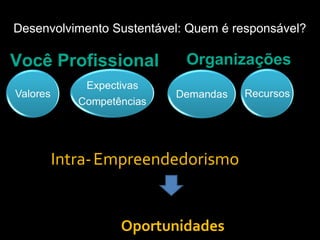 Desenvolvimento Sustentável: Quem é responsável?

Você Profissional           Organizações




      Intra- Empreendedorismo


                 Oportunidades
 