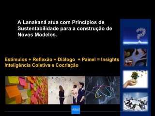 A Lanakaná atua com Princípios de
     Sustentabilidade para a construção de
     Novos Modelos.



Estímulos + Reflexão + Diálogo + Painel = Insights
Inteligência Coletiva e Cocriação
 