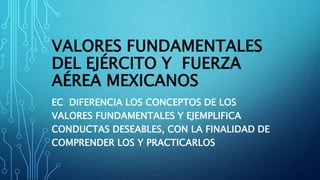 VALORES FUNDAMENTALES
DEL EJÉRCITO Y FUERZA
AÉREA MEXICANOS
EC DIFERENCIA LOS CONCEPTOS DE LOS
VALORES FUNDAMENTALES Y EJEMPLIFICA
CONDUCTAS DESEABLES, CON LA FINALIDAD DE
COMPRENDER LOS Y PRACTICARLOS
 