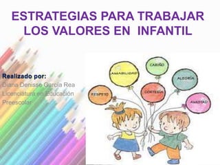 ESTRATEGIAS PARA TRABAJAR
LOS VALORES EN INFANTIL
Realizado por:
Diana Denisse García Rea
Licenciatura en Educación
Preescolar
 