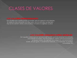 CLASES DE VALORESLOS VALORES INFRAHUMANOS  Son aquellos que sí perfeccionan al hombre, pero en aspectos más inferiores, en aspectos que comparte con otros seres, con los animales, por ejemplo. Aquí se encuentran valores como el placer, la fuerza, la agilidad, la salud.LOS VALORES HUMANOS INFRA MORALES  Son aquellos valores que son exclusivos del hombre, ya no los alcanzan los animales, únicamente el hombre. Aquí encontramos valores como los económicos, la riqueza, el éxito, por ejemplo. La inteligencia y el conocimiento, el arte, el buen gusto. Y socialmente hablando, la prosperidad, el prestigio, la autoridad, etc.