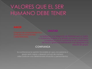 VALORES QUE EL SER HUMANO DEBE TENERAMORConjunto de comportamientos y actitudes incondicionales y desinteresadas.LEALTADLa lealtad es una obligación de fidelidad que un sujeto o ciudadano le debe a su estado, monarca o a sí mismo.La lealtad es virtud consistente en el cumplimiento de honor y gratitud la lealtad esta mas apegada a la relación en grupo.CONFIANZAla confianza es la opinión favorable en que una persona o grupo será capaz y deseará actuar de manera adecuada en una determinada situación y pensamientos.