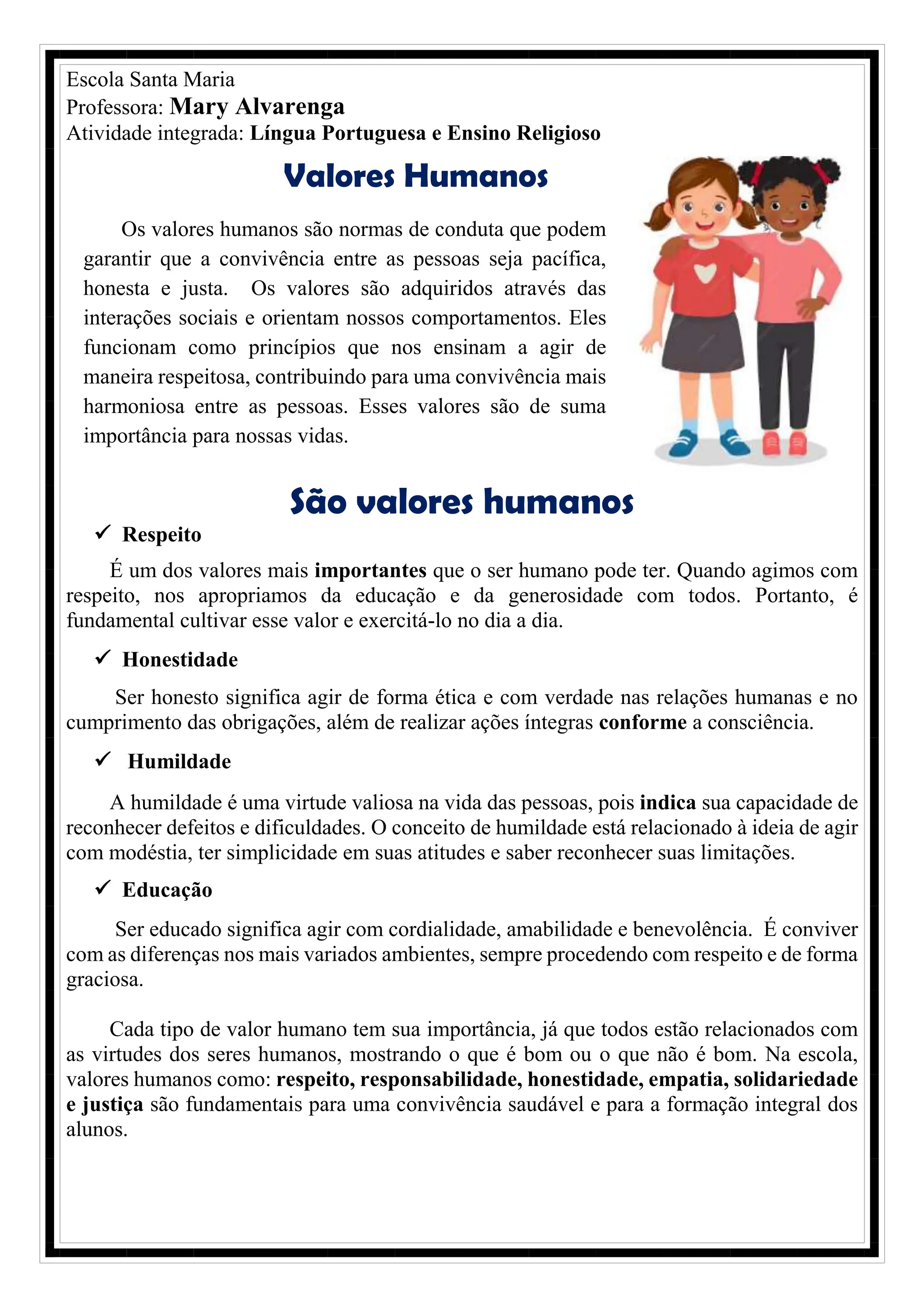 Valores humanos - Atividade Integrada Lígua Portuguesa e Ensino ...