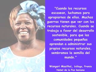 "Cuando los recursos escasean, luchamos para apropiarnos de ellos. Muchas guerras tienen que ver con los recursos naturales. Cuando se trabaja a favor del desarrollo sostenible, para que las comunidades pequeñas aprendan a administrar sus propios recursos naturales, sembramos la semilla del mundo." Wangari Maathai ,  bióloga, Premio Nobel de la Paz keniana 