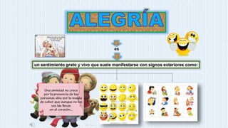 un sentimiento grato y vivo que suele manifestarse con signos exteriores como:
es
 