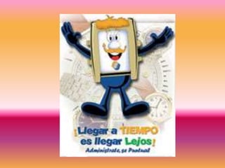 PUNTUALIDADEl valor que se construye por el esfuerzo de estar a tiempo en el lugar adecuado.El valor de la puntualidad es la disciplina de estar a tiempo para cumplir nuestras obligaciones: una cita del trabajo, una reunión de amigos, un compromiso de la oficina, un trabajo pendiente por entregar. El valor de la puntualidad es necesario para dotar a nuestra personalidad de carácter, orden y eficacia, pues al vivir este valor en plenitud estamos en condiciones de realizar más actividades, desempeñar mejor nuestro trabajo, ser merecedores de confianza.La falta de puntualidad habla por sí misma, de ahí se deduce con facilidad la escasa o nula organización de nuestro tiempo, de planeación en nuestras actividades, y por supuesto de una agenda, pero, ¿qué hay detrás de todo esto?