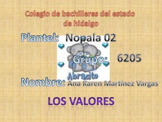 Colegio de bachilleres del estado  de hidalgo Plantel: Nopala 02 6205 Grupo: Nombre: Ana Karen Martínez Vargas  Los valores 