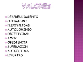 DESPRENDIMIENTOOPTIMISMOFLEXIBILIDADAUTODOMINIOOBJETIVIDADAMOROBEDIENCIASUPERACIONAUTOESTIMALIBERTADVALORES