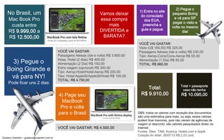 2) Pegue o
                                                                                              1) Entre no site
    No Brasil, um                                                        Vamos deixar          do consulado
                                                                                                                    pequeno Boing
     Mac Book Pro                                                        essa compra                                 e vá para SP
                                                                                                 dos EUA,
                                                                                                                    pegar o visto e
      custa entre                                                            mais               preencha a
                                                                                                                    volte no mesmo
                                                                         DIVERTIDA e           guia e pague
     R$ 9.999,00 a                                                                                                         dia!
     R$ 12.500,00                                                         BARATA?
                                                                                             VOCÊ VAI GASTAR:
                                                                                             Visto (U$ 160,00) R$ 325,00
                                               VOCÊ VAI GASTAR:                              Passagens Aéreas (ide e volta) R$ 230,00
                                               Passagens Aéreas (ide e volta) R$ 3.600,00    Táxi: Aerop-Cons/Cons-Aerop R$ 55,00
      3) Pegue o                               Hosp. Hotel (2 dias) R$ 400,00
                                               Alimentação (2 Dia) R$ 150,00
                                                                                             Alimentação (1 Dia) R$ 50,00
                                                                                             TOTAL: R$ 660,00
    Boing Grande e                             Extra viagem (opcional) R$ 300,00
                                               Táxi: Aerop-Hotel/Hotel-Aerop R$ 200,00
     vá para NY!                               Táxi: Hotel-AppleSt/AppleSt/Hotel R$ 100,00
                                               TOTAL: R$ 4.750,00
     Pode ficar uns 2 dias
                                                                                                                           Total + passaporte
                                                                                                  Total:                    caso não tenha
                                               4) Page seu                                     R$ 9.910,00                 R$ 10.095,00
                                                MacBook
                                                Pro e volte
                                               para o Brasil                                 OBS: todos os valores com exceção dos documentos
                                                                                             são uma estimativa para mais, ou seja, esses valores
                                                                                             podem ficar menores, pois não vieram de agências de
                                                                                             viagem p/ desconto: são valores pesquisados direto na
                                               VOCÊ VAI GASTAR: R$ 4.500,00                  internet.
                                                                                             Fontes: Sites: TAM, Avianca, Hoteis.com e Apple
                                                                                             Cotação do dólar: 26/07/12 R$ 2,03 (uol)
Gustavo Visentini – gustavo@visentini.com.br
 