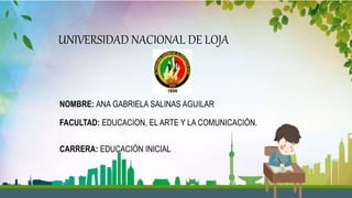 UNIVERSIDAD NACIONAL DE LOJA
NOMBRE: ANA GABRIELA SALINAS AGUILAR
FACULTAD: EDUCACION, EL ARTE Y LA COMUNICACIÓN.
CARRERA: EDUCACIÓN INICIAL
 
