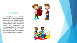 Amistad
La amistad es una relación
afectiva que se puede establecer
entre dos o más individuos, a la
cual están asociados valores
fundamentales como el amor, la
lealtad, la solidaridad, la
incondicionalidad, la sinceridad
y el compromiso, y que se cultiva
con el trato asiduo y el interés
recíproco a lo largo del tiempo.
 