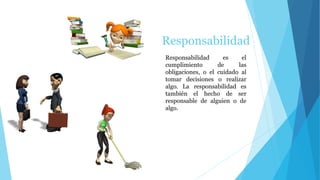 Responsabilidad
Responsabilidad es el
cumplimiento de las
obligaciones, o el cuidado al
tomar decisiones o realizar
algo. La responsabilidad es
también el hecho de ser
responsable de alguien o de
algo.
 