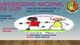 UNIVERSIDAD NACIONAL
DE LOJA FACULTAD DE LA EDUCACIÓN, EL
ARTE Y LA COMUNICACIÓN
EDUCACIÓN
INICIAL CICLO 1
“A”
EDUCACIÓN EN
VALORES
VALORES MORALES
LIC: BERNARDINO CAMACHO ACARO
ALUMNA: MARIA CARAGUAY
 