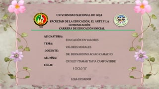 UNIVERSIDAD NACIONAL DE LOJA
FACULTAD DE LA EDUCACIÓN, EL ARTE Y LA
COMUNICACIÓN
CARRERA DE EDUCACIÓN INICIAL
ASIGNATURA:
EDUCACIÓN EN VALORES
TEMA:
VALORES MORALES
DOCENTE:
DR. BERNARDINO ACARO CAMACHO
ALUMNA:
CRISLEY ITAMAR TAPIA CAMPOVERDE
CICLO:
I CICLO “A”
LOJA-ECUADOR
 