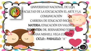 NAVIONAL DE LOJA
UNIVERSIDAD NACIONAL DE LOJA
FACULTAD DE LA EDCUCACIÓN EL ARTE Y LA
COMUNICACIÓN
CARRERA DE EDUCACIÓ INICIAL
MATERIA: EDUCACIÓN EN VALORES
DOCENTEN: DR. BERNARDINO TORRES
ARIANA MISHELL VEGA CONDOY
CICLO: 1 PARALELO: ´´A´´
 