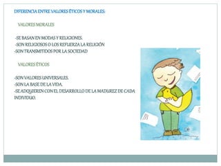 DIFERENCIAENTREVALORES ÉTICOSY MORALES:
VALORESMORALES
-SE BASANEN MODAS Y RELIGIONES.
-SONRELIGIOSOSO LOSREFUERZALA RELIGIÓN
-SONTRANSMITIDOSPOR LA SOCIEDAD
VALORESÉTICOS
-SONVALORESUNIVERSALES.
-SONLA BASEDE LA VIDA.
-SE ADQUIERENCONEL DESARROLLODE LA MADUREZDE CADA
INDIVIDUO.
 