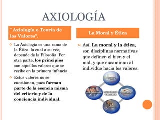 AXIOLOGÍA La Axiología es una rama de la Ética, la cual a su vez, depende de la Filosofía. Por otra parte,  los principios  son aquellos valores que se recibe en la primera infancia. Estos valores no se cuestionan, pues  forman parte de la esencia misma del criterio y de la conciencia individual . Así,  La moral y la ética , son disciplinas normativas que definen el bien y el mal, y que encaminan al individuo hacia los valores. " Axiología o Teoría de los Valores". La Moral y Ética 
