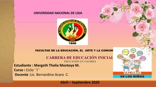 UNIVERSIDAD NACIONAL DE LOJA
FACULTAD DE LA EDUCACIÓN, EL ARTE Y LA COMUNICACIÓN
CARRERA DE EDUCACIÓN INICIAL
EDUCACIÓN EN VALORES
Estudiante : Margoth Thalia Montoya M.
Curso : Ciclo ´´I´´
Docente :Lic. Bernardino Acaro C.
Abril – Septiembre 2020
 