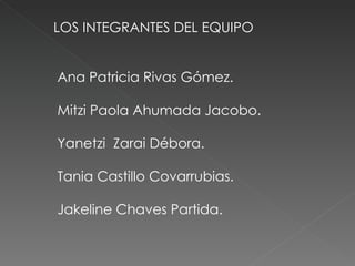 LOS INTEGRANTES DEL EQUIPO Ana Patricia Rivas Gómez. Mitzi Paola Ahumada Jacobo.  Yanetzi  Zarai Débora. Tania Castillo Covarrubias. Jakeline Chaves Partida. 