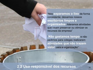 “Nós separamos o lixo de forma
                consistente; deixamos nossos
                escritórios limpos e
                organizados; lideramos atividades
                que visam preservar ou otimizar os
                recursos da empresa”

                “Não gastamos tempo e não
                pedimos para colegas realizarem
                atividades que não trazem
                valor para a organização”




2.2 Uso responsável dos recursos                     15
 