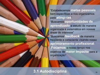 “Estabelecemos metas pessoais
         bem específicas e nos organizamos
         para atingi-las”
         “Buscamos oportunidades de
         aprendizado e estudo de maneira
         organizada e sistemática em nossas
         áreas de interesse”
         “Buscamos feedback de maneira
         freqüente e consciente visando nosso
         aprimoramento profissional”
         “Focamos o nosso tempo nos
         objetivos de maior impacto para a
         organização”




3.1 Autodisciplina                         19
 