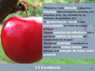 “Prestamos muita atenção a pequenos
    detalhes. Não entregamos produtos com
    pequenos erros (de consistência, de
    digitação, de gramática, etc)”
    “A apresentação visual é uma
    preocupação em todas as nossas
    entregas”
    “Nossos padrões de referência são o
    que há de melhor no mundo em
    nossas áreas de atuação”
    “Buscamos entender o problema ou
    desafio real do nosso cliente para
    entregar uma solução de maior valor
    possível”



3.2 Excelência                        20
 