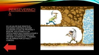 PERSEVERNCI
A
ES UN VALOR QUE DENOTA EL
ESFUERZO CONTINUO SUPONE
ALCANZAR LO QUE SE PROPONE Y
BUSCAR SOLUCIONES A LAS
DIFICULTADES QUE PUEDEN LLEGAR A
SURGIR, CON PERSEVERANCIA SE
OBTIENE LA FORTALEZA Y TAMBIEN
NO DEJARNOS POR LO FACIL Y
COMODO
 