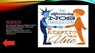 RESPETO
ES UN VALOR QUE EL HOMBRE PUEDA
RECONOCER,ACEPTAR Y VALORAR
LAS CUALIDADES DEL
RECONOCIMIENTO DEL VALOR
PROPIO LOS DERECHOS DE LOS
INDIVIDUOS
 