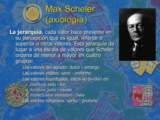 Max Scheler
                    (axiología)
La jerarquía, cada valor hace presente en
  su percepción que es igual, inferior o
  superior a otros valores. Esta jerarquía da
  lugar a una escala de valores que Scheler
  ordena de menor a mayor en cuatro
  grupos:
   – Los valores del agrado: dulce - amargo
   – Las valores vitales: sano - enfermo
   – Los valores espirituales, estos se dividen en:
          Estéticos: bello - feo
          Jurídicos: justo - injusto
          Intelectuales: verdadero - falso
   – Los valores religiosos: santo - profano
 