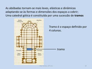 As abóbadas tornam-se mais leves, elásticas e dinâmicas
adaptando-se às formas e dimensões dos espaços a cobrir;
Uma catedral gótica é constituída por uma sucessão de tramos

Tramo é o espaço definido por
4 colunas.

tramo

História A, 10º ano, Módulo 2

18

 