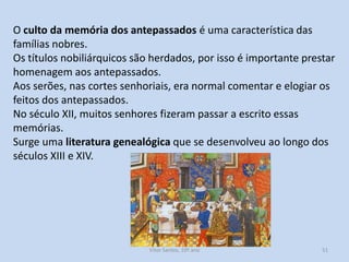 O culto da memória dos antepassados é uma característica das
famílias nobres.
Os títulos nobiliárquicos são herdados, por isso é importante prestar
homenagem aos antepassados.
Aos serões, nas cortes senhoriais, era normal comentar e elogiar os
feitos dos antepassados.
No século XII, muitos senhores fizeram passar a escrito essas
memórias.
Surge uma literatura genealógica que se desenvolveu ao longo dos
séculos XIII e XIV.

História A, 10º ano, Módulo 2

51

 