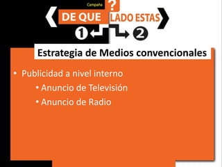 Estrategia de Medios convencionalesPublicidad a nivel internoAnuncio de Televisión Anuncio de Radio