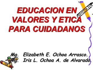 EDUCACION EN
 VALORES Y ETICA
PARA CUIDADANOS .




Mg. Elizabeth E. Ochoa Arrasco.
Mg. Iris L. Ochoa A. de Alvarado.
 