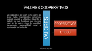 VALORES COOPERATIVOS
Las cooperativas se basan en los valores de
ayuda mutua, responsabilidad, democracia,
igualdad, equidad y solidaridad. Siguiendo la
tradición de sus fundadores sus miembros
creen en los valores éticos de honestidad,
transparencia, responsabilidad social y
preocupación por los demás.
Alvaro Hernán Mejia Mejia
VALORES
COOPERATIVOS
ETICOS
 