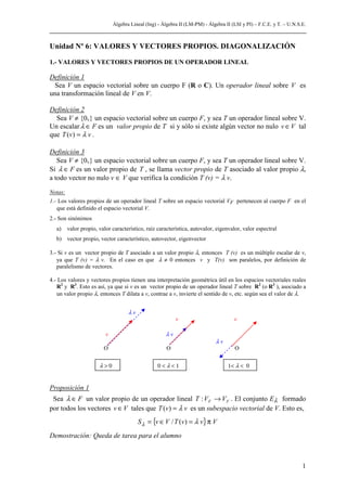 Álgebra Lineal (Ing) - Álgebra II (LM-PM) - Álgebra II (LSI y PI) – F.C.E. y T. – U.N.S.E.



Unidad Nº 6: VALORES Y VECTORES PROPIOS. DIAGONALIZACIÓN

1.- VALORES Y VECTORES PROPIOS DE UN OPERADOR LINEAL

Definición 1
 Sea V un espacio vectorial sobre un cuerpo F (R o C). Un operador lineal sobre V es
una transformación lineal de V en V.

Definición 2
  Sea V ≠ {0v} un espacio vectorial sobre un cuerpo F, y sea T un operador lineal sobre V.
Un escalar λ ∈ F es un valor propio de T si y sólo si existe algún vector no nulo v ∈ V tal
que T (v) = λ v .

Definición 3
   Sea V ≠ {0v} un espacio vectorial sobre un cuerpo F, y sea T un operador lineal sobre V.
Si λ ∈ F es un valor propio de T , se llama vector propio de T asociado al valor propio λ,
a todo vector no nulo v ∈ V que verifica la condición T (v) = λ v.

Notas:
1.- Los valores propios de un operador lineal T sobre un espacio vectorial VF pertenecen al cuerpo F en el
   que está definido el espacio vectorial V.
2.- Son sinónimos
   a)    valor propio, valor característico, raíz característica, autovalor, eigenvalor, valor espectral
   b) vector propio, vector característico, autovector, eigenvector

3.- Si v es un vector propio de T asociado a un valor propio λ, entonces T (v) es un múltiplo escalar de v,
   ya que T (v) = λ v. En el caso en que λ ≠ 0 entonces v y T(v) son paralelos, por definición de
   paralelismo de vectores.

4.- Los valores y vectores propios tienen una interpretación geométrica útil en los espacios vectoriales reales
   R2 y R3. Esto es así, ya que si v es un vector propio de un operador lineal T sobre R2 (o R3 ), asociado a
   un valor propio λ, entonces T dilata a v, contrae a v, invierte el sentido de v, etc. según sea el valor de λ.


                                     λv
                                                           v                          v

                          v                           λv
                                                                              λv
                         O                             O                              O


                       λ>0                        0<λ<1                            1< λ < 0


Proposición 1
 Sea λ ∈ F un valor propio de un operador lineal T : V F → VF . El conjunto Eλ formado
por todos los vectores v ∈ V tales que T (v) = λ v es un subespacio vectorial de V. Esto es,
                                          S λ = {v ∈ V / T (v) = λ v} π V
Demostración: Queda de tarea para el alumno



                                                                                                                      1
 