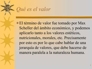Qué es el valor

El término de valor fue tomado por Max
 Scheller del ámbito económico, y podemos
 aplicarlo tanto a los valores estéticos,
 nutricionales, morales, etc. Precisamente
 por esto es por lo que cabe hablar de una
 jerarquía de valores, que debe hacerse de
 manera paralela a la naturaleza humana.

                                             3
 