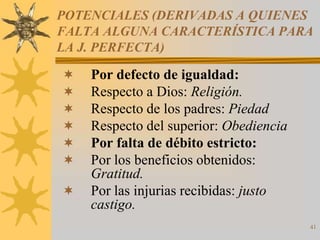 POTENCIALES (DERIVADAS A QUIENES
FALTA ALGUNA CARACTERÍSTICA PARA
LA J. PERFECTA)

   Por defecto de igualdad:
   Respecto a Dios: Religión.
   Respecto de los padres: Piedad
   Respecto del superior: Obediencia
   Por falta de débito estricto:
   Por los beneficios obtenidos:
    Gratitud.
   Por las injurias recibidas: justo
    castigo.
                                        41
 