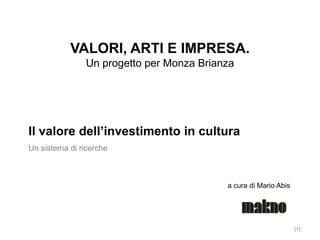 VALORI, ARTI E IMPRESA.
Un progetto per Monza Brianza

Il valore dell’investimento in cultura
Un sistema di ricerche

a cura di Mario Abis

[1]

 