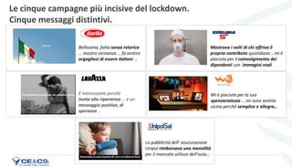 27
Le cinque campagne più incisive del lockdown.
Cinque messaggi distintivi.
Barilla
Bellissima, fatta senza retorica
… mostra vicinanza … fa sentire
orgogliosi di essere italiani …
Lavazza
È interessante perchè
invita alla ripartenza … è un
messaggio positivo, di
speranza …
Esselunga
Mostrava i volti di chi offriva il
proprio contributo quotidiano …mi è
piaciuta per il coinvolgimento dei
dipendenti con immagini reali
Wind 3
Mi è piaciuta per la sua
spensieratezza … mi sono sentita
vicina perché semplice e allegra…
Wind 3
La pubblicità dell’ assicurazione
Unipol rimborsava una mensilità
per il mancato utilizzo dell'auto…
 