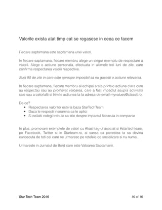 Valorile exista atat timp cat se regasesc in ceea ce facem
Fiecare saptamana este saptamana unei valori.
In ﬁecare saptamana, ﬁecare membru alege un singur exemplu de respectare a
valorii. Alege o actiune personala, efectuata in ultimele trei luni de zile, care
conﬁrma respectarea valorii respective.
Sunt 90 de zile in care este aproape imposibil sa nu gasesti o actiune relevanta.
In ﬁecare saptamana, ﬁecare membru al echipei arata printr-o actiune clara cum
au respectau sau au promovat valoarea, care a fost impactul asupra activitatii
sale sau a celorlalti si trimite actiunea ta la adresa de email myvalues@classit.ro.
De ce?
• Respectarea valorilor este la baza StarTechTeam
• Daca le respecti inseamna ca le aplici
• Si ceilalti colegi trebuie sa stie despre impactul ﬁecaruia in companie
In plus, promovam exemplele de valori cu #hashtag-ul asociat si #startechteam,
pe Facebook, Twitter si in Starteam.ro, ai sansa ca povestea ta sa devina
cunoscuta de toti cei care ne urmaresc pe retelele de socializare si nu numai.
Urmareste in Jurnalul de Bord care este Valoarea Saptamanii.
Star Tech Team 2016 of16 16
 