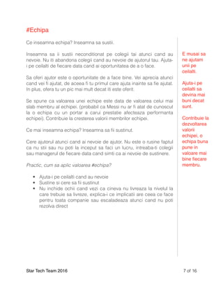 #Echipa
Ce inseamna echipa? Inseamna sa sustii.
Inseamna sa ii sustii neconditionat pe colegii tai atunci cand au
nevoie. Nu iti abandona colegii cand au nevoie de ajutorul tau. Ajuta-
i pe ceilalti de ﬁecare data cand ai oportunitatea de a o face.
Sa oferi ajutor este o oportunitate de a face bine. Vei aprecia atunci
cand vei ﬁ ajutat, de aceea ﬁ tu primul care ajuta inainte sa ﬁe ajutat.
In plus, ofera tu un pic mai mult decat iti este oferit.
Se spune ca valoarea unei echipe este data de valoarea celui mai
slab membru al echipei. (probabil ca Messi nu ar ﬁ atat de cunoscut
la o echipa cu un portar a carui prestatie afecteaza performanta
echipei). Contribuie la cresterea valorii membrilor echipei.
Ce mai inseamna echipa? Inseamna sa ﬁi sustinut.
Cere ajutorul atunci cand ai nevoie de ajutor. Nu este o rusine faptul
ca nu stii sau nu poti la inceput sa faci un lucru, intreaba-ti colegii
sau managerul de ﬁecare data cand simti ca ai nevoie de sustinere.
Practic, cum sa aplic valoarea #echipa?
• Ajuta-i pe ceilalti cand au nevoie
• Sustine si cere sa ﬁi sustinut
• Nu inchide ochii cand vezi ca cineva nu livreaza la nivelul la
care trebuie sa livreze, explica-i ce implicatii are ceea ce face
pentru toata companie sau escaladeaza atunci cand nu poti
rezolva direct
Star Tech Team 2016 of7 16
E musai sa
ne ajutam
unii pe
ceilalti.
Ajuta-i pe
ceilalti sa
devina mai
buni decat
sunt.
Contribuie la
dezvoltarea
valorii
echipei, o
echipa buna
pune in
valoare mai
bine ﬁecare
membru.
 