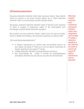 #Orientarecatreclient
Succesul afacerilor clientilor nostri este succesul nostru. Daca clientii
nostri au succes si noi avem succes alaturi de ei. Daca afacerea
clientilor nostri nu functioneaza suntem afectati direct.
De aceea, sustinem afacerile clientilor nostri in ﬁecare zi prin suportul
IT oferit si cautam si propunem solutii IT de imbunatatire prin
tehnologie a performantei afacerilor acestora.
Noi suntem cei care sustinem clientii, clientii sunt cei care ne sustin.
Avem o relatie de simbioza, de sustinere reciproca cu clientii nostri.
Cum arati #orientarecatreclient?
• in ﬁecare interactiune cu clientii arati recunostinta pentru ca
sunt alaturi de Class IT. Este ca si cum ai spune multumesc la
ﬁecare operatiune de suport IT livrata.
• intelegi afacerile clientilor si provocarile pe care le au
• faci recomandari de solutii IT menite sa imbunatateasca
activitatea clientilor sau sa reduca riscurile de nefunctionare
Star Tech Team 2016 of9 16
Misiunea
noastra
continua
este
sustinerea
succesului
clientilor
nostri, prin
asigurarea
unei fundatii
IT solide a
afacerilor
acestora si
prin oferirea
de solutii si
servicii de
suport IT
pentru
afacerile pe
care le
dezvolta.
 