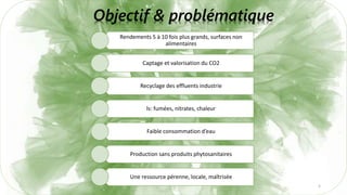 5
Rendements 5 à 10 fois plus grands, surfaces non
alimentaires
Captage et valorisation du CO2
Recyclage des effluents industrie
ls: fumées, nitrates, chaleur
Faible consommation d’eau
Production sans produits phytosanitaires
Une ressource pérenne, locale, maîtrisée
Objectif & problématique
 